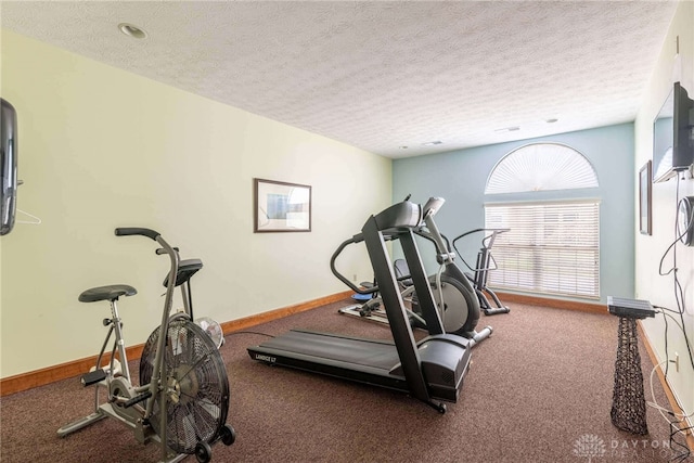 91 Villa Pointe Dr, Springboro, OH 45066 - exercise room featuring a textured ceiling, carpet, and baseboards