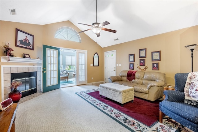 91 Villa Pointe Dr, Springboro, OH 45066 - carpeted living area featuring ceiling fan, a fireplace, high vaulted ceiling, and baseboards