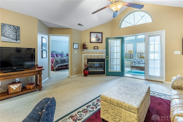 91 Villa Pointe Dr, Springboro, OH 45066 - living room with carpet floors, lofted ceiling, a ceiling fan, a fireplace, and baseboards