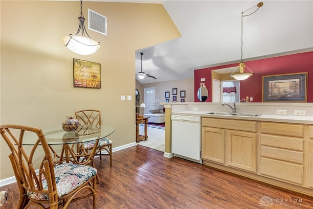 91 Villa Pointe Dr, Springboro, OH 45066 - kitchen with white dishwasher, light brown cabinets, a sink, dark wood-style floors, and open floor plan