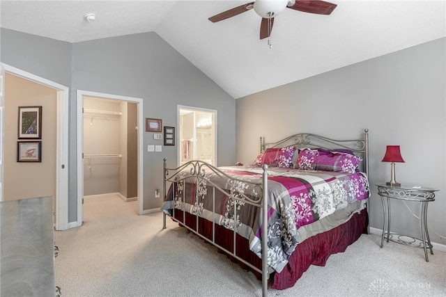 91 Villa Pointe Dr, Springboro, OH 45066 - bedroom featuring carpet floors, a spacious closet, lofted ceiling, baseboards, and a ceiling fan