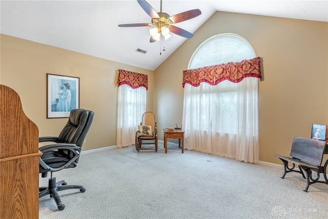 91 Villa Pointe Dr, Springboro, OH 45066 - carpeted home office featuring high vaulted ceiling, a ceiling fan, and baseboards
