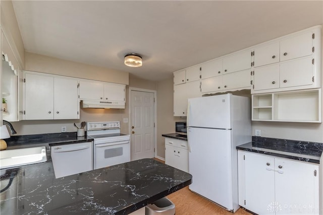 763 Lymington Rd, Troy, OH 45373 - kitchen featuring white appliances, under cabinet range hood, a sink, and white cabinets