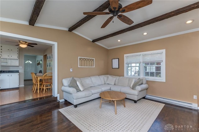 763 Lymington Rd, Troy, OH 45373 - living room featuring baseboard heating, a ceiling fan, wood finished floors, recessed lighting, and baseboards