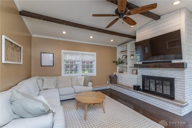 763 Lymington Rd, Troy, OH 45373 - living room featuring dark wood-style flooring, a ceiling fan, recessed lighting, a baseboard radiator, and ornamental molding