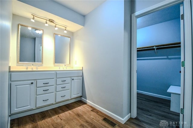 222 Walnut Grove Dr, Centerville, OH 45458 - bathroom featuring wood finished floors, double vanity, baseboards, and a spacious closet