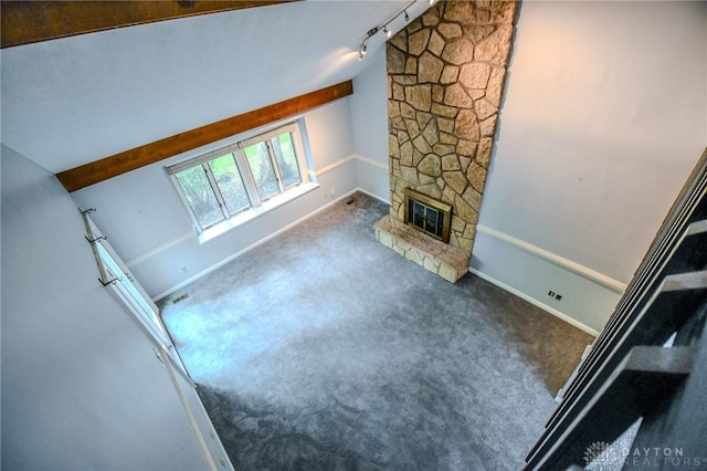 222 Walnut Grove Dr, Centerville, OH 45458 - unfurnished living room featuring carpet, vaulted ceiling, a fireplace, and baseboards