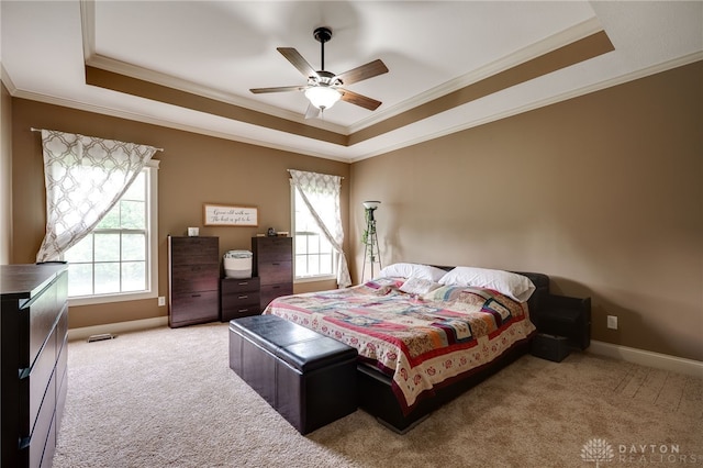 10067 Yearling Run, Dayton, OH 45458 - bedroom featuring a tray ceiling, crown molding, light carpet, baseboards, and ceiling fan