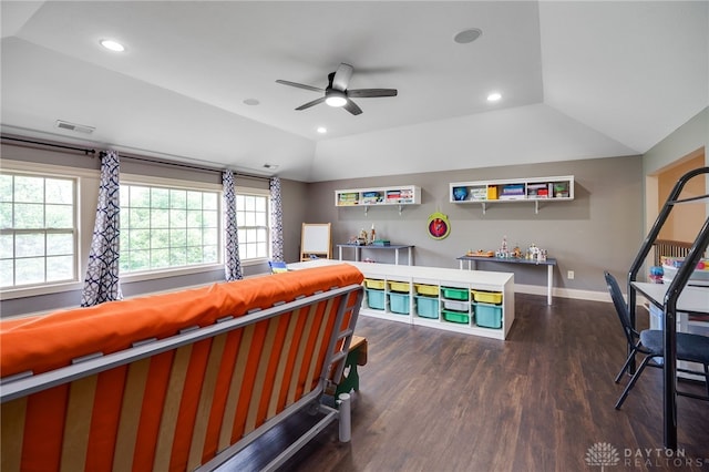 10067 Yearling Run, Dayton, OH 45458 - bedroom featuring wood finished floors, baseboards, recessed lighting, lofted ceiling, and a ceiling fan