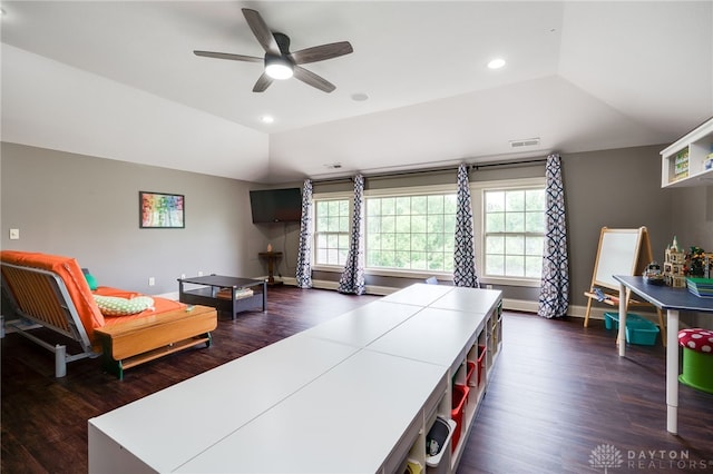10067 Yearling Run, Dayton, OH 45458 - recreation room with dark wood finished floors, baseboards, vaulted ceiling, ceiling fan, and recessed lighting