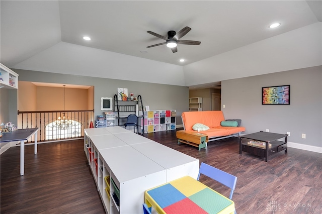 10067 Yearling Run, Dayton, OH 45458 - game room featuring a ceiling fan, lofted ceiling, wood finished floors, recessed lighting, and a chandelier