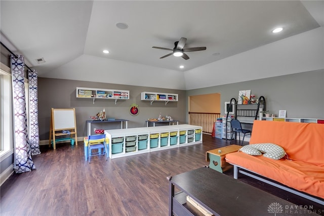 10067 Yearling Run, Dayton, OH 45458 - game room featuring lofted ceiling, ceiling fan, wood finished floors, baseboards, and recessed lighting