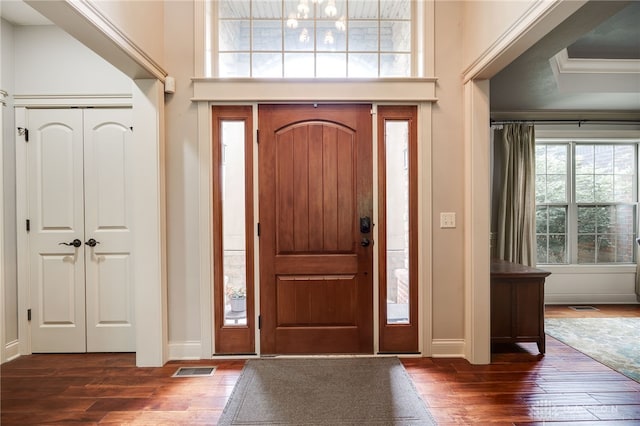 10067 Yearling Run, Dayton, OH 45458 - foyer with hardwood / wood-style flooring, baseboards, a towering ceiling, and ornamental molding