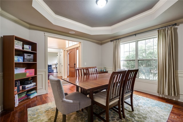 10067 Yearling Run, Dayton, OH 45458 - dining room with a raised ceiling, ornamental molding, wood finished floors, and wainscoting