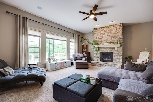10067 Yearling Run, Dayton, OH 45458 - living area featuring carpet, a ceiling fan, and a fireplace