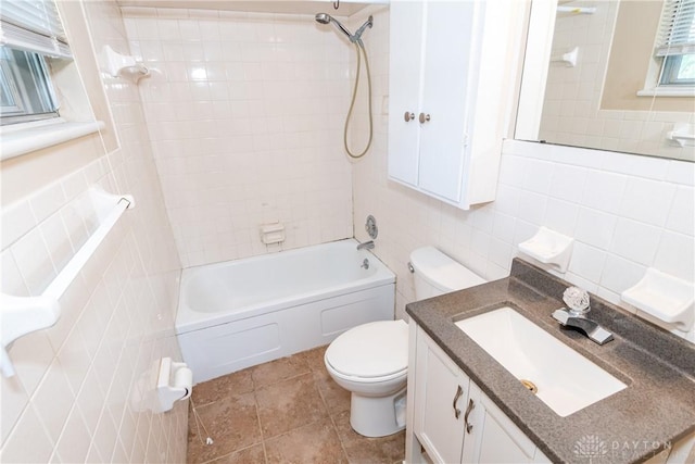 5501 Harshmanville Rd, Dayton, OH 45424 - full bath featuring tile walls, toilet, bathing tub / shower combination, and vanity