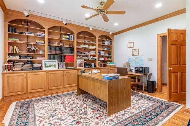 514 Shambord Cir, Kettering, OH 45429 - home office featuring crown molding, light wood-type flooring, ceiling fan, and rail lighting