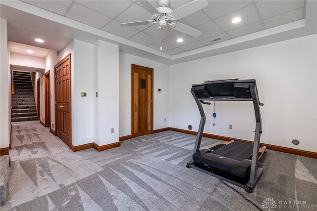 514 Shambord Cir, Kettering, OH 45429 - workout area with carpet flooring, baseboards, a ceiling fan, and recessed lighting