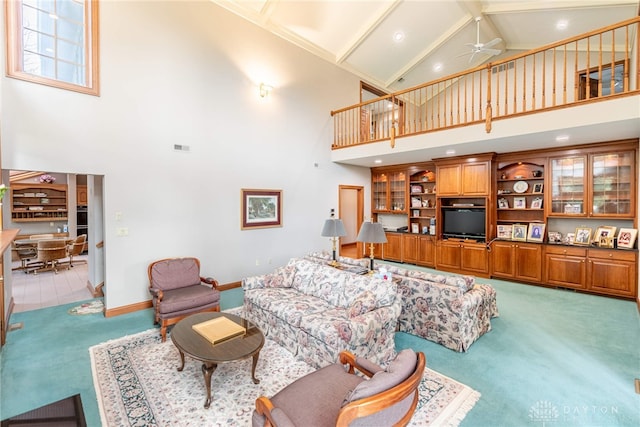 514 Shambord Cir, Kettering, OH 45429 - carpeted living room with high vaulted ceiling, ceiling fan, beam ceiling, baseboards, and recessed lighting