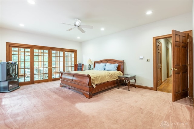 514 Shambord Cir, Kettering, OH 45429 - bedroom featuring light carpet, french doors, access to outside, recessed lighting, and ceiling fan