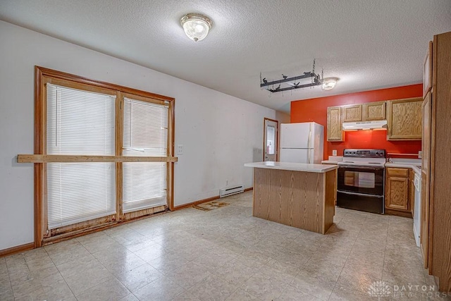 6423 Howe Rd, Middletown, OH 45042 - kitchen with electric range, freestanding refrigerator, under cabinet range hood, a baseboard heating unit, and a kitchen island