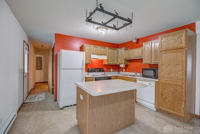 6423 Howe Rd, Middletown, OH 45042 - kitchen featuring white appliances, a baseboard heating unit, under cabinet range hood, a center island, and light countertops