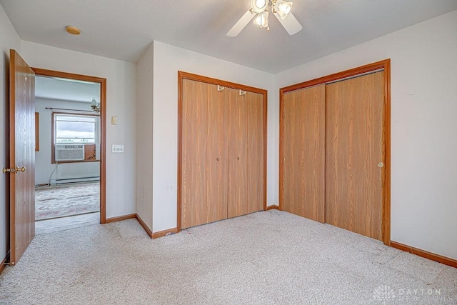 6423 Howe Rd, Middletown, OH 45042 - unfurnished bedroom featuring a baseboard radiator, carpet flooring, baseboards, and a ceiling fan