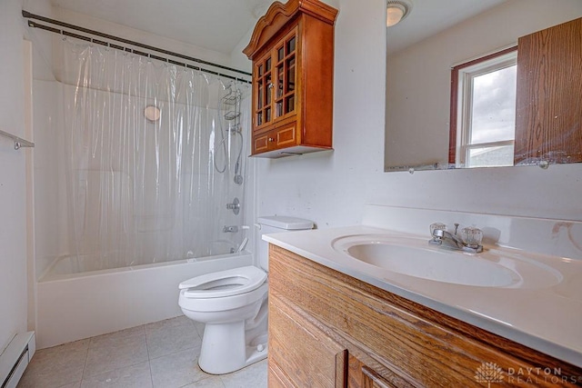 6423 Howe Rd, Middletown, OH 45042 - bathroom with toilet, a baseboard radiator, vanity, shower / tub combo, and tile patterned flooring