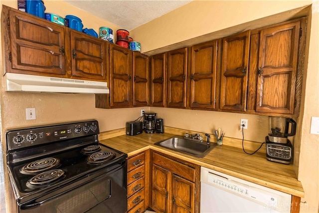 2312 Saint Charles Ave, Dayton, OH 45410 - kitchen featuring black range with electric stovetop, under cabinet range hood, white dishwasher, a sink, and a textured ceiling