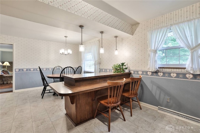 300 Magnolia Ave, Englewood, OH 45322 - bar area featuring wallpapered walls, a chandelier, baseboards, a wainscoted wall, and pendant lighting