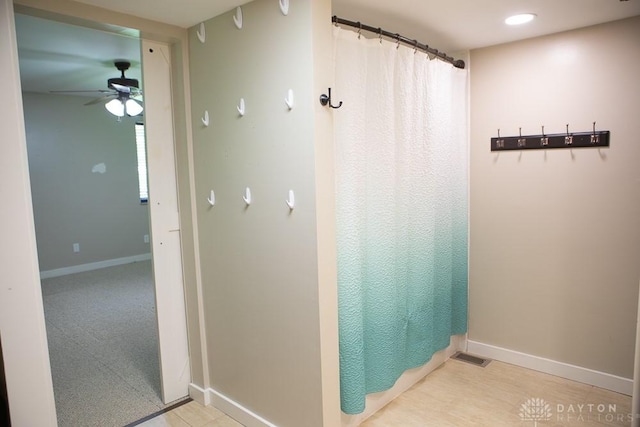316 Honey Jane Dr, Beavercreek, OH 45434 - bathroom with baseboards, a ceiling fan, a shower with curtain, and recessed lighting