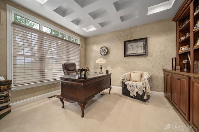 7607 Stone Ridge Dr, Springboro, OH 45066 - home office featuring coffered ceiling, light colored carpet, beam ceiling, and baseboards