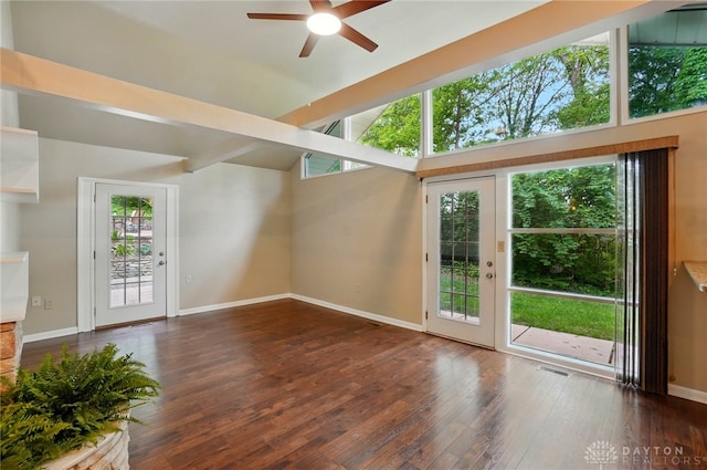 450 Ridgewood Ave, Oakwood, OH 45409 - unfurnished living room featuring a ceiling fan, wood finished floors, baseboards, and vaulted ceiling