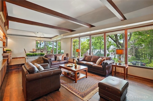 450 Ridgewood Ave, Oakwood, OH 45409 - living room featuring baseboards, dark wood-type flooring, and beamed ceiling