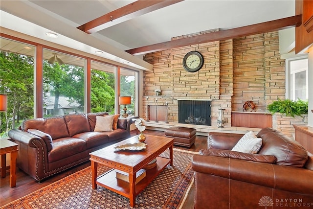 450 Ridgewood Ave, Oakwood, OH 45409 - living room with beamed ceiling, wood finished floors, and a fireplace