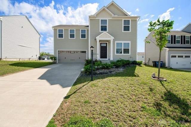 1852 Amelia Way, Dayton, OH 45439 - view of front of home with board and batten siding, an attached garage, driveway, and a front yard