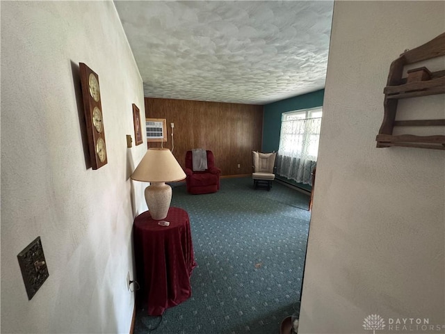 326 Little League Dr, Eaton, OH 45320 - corridor featuring wood walls, a textured ceiling, carpet, and a textured wall