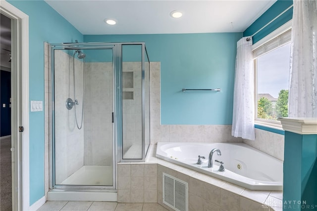 6265 Amberley Ct, Liberty Twp, OH 45044 - bathroom with a jetted tub, a shower stall, tile patterned flooring, and recessed lighting