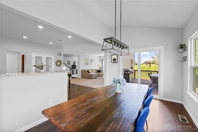 4069 Fawn Crossing Dr, Mason, OH 45040 - dining space featuring dark wood-style flooring, recessed lighting, baseboards, and lofted ceiling