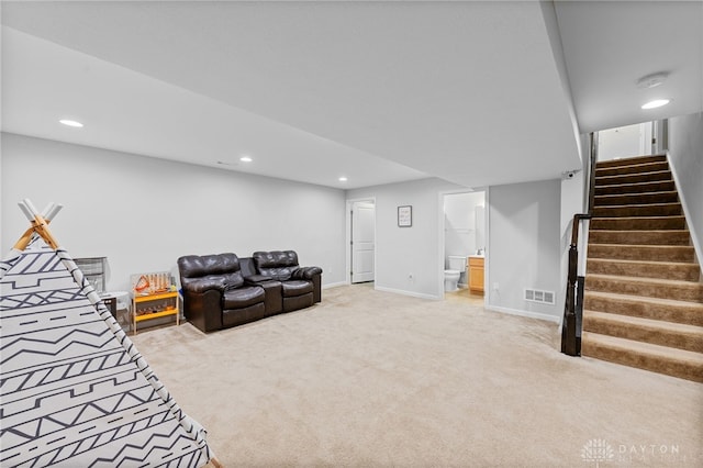 4069 Fawn Crossing Dr, Mason, OH 45040 - living area with carpet, stairs, recessed lighting, and baseboards