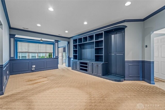 325 Bending Branch Ln, Miamisburg, OH 45342 - unfurnished living room featuring a decorative wall, light carpet, ornamental molding, wainscoting, and recessed lighting