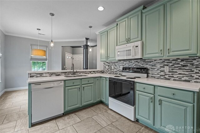 325 Bending Branch Ln, Miamisburg, OH 45342 - kitchen featuring white appliances, a sink, green cabinetry, a peninsula, and backsplash