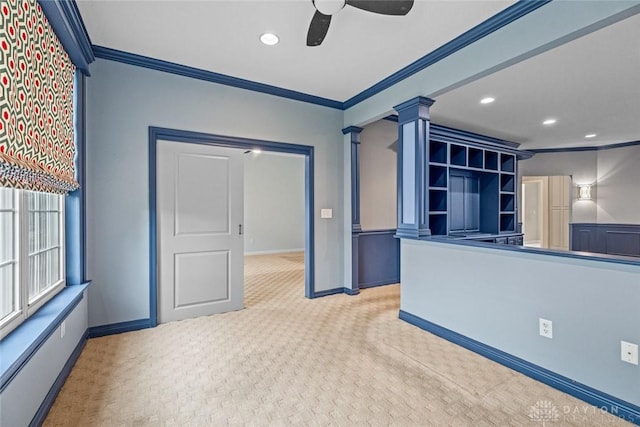 325 Bending Branch Ln, Miamisburg, OH 45342 - unfurnished living room featuring ornamental molding, decorative columns, recessed lighting, ceiling fan, and carpet floors