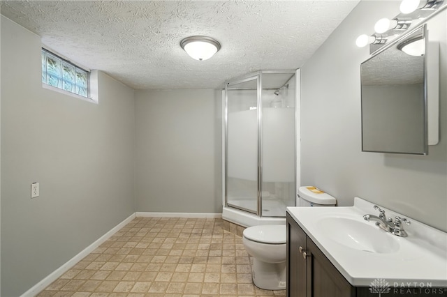 6726 Middletown Germantown Rd, Middletown, OH 45042 - bathroom with toilet, a shower stall, vanity, baseboards, and a textured ceiling
