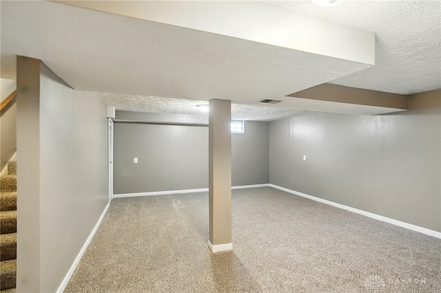 6726 Middletown Germantown Rd, Middletown, OH 45042 - below grade area featuring carpet, stairway, a textured ceiling, and baseboards