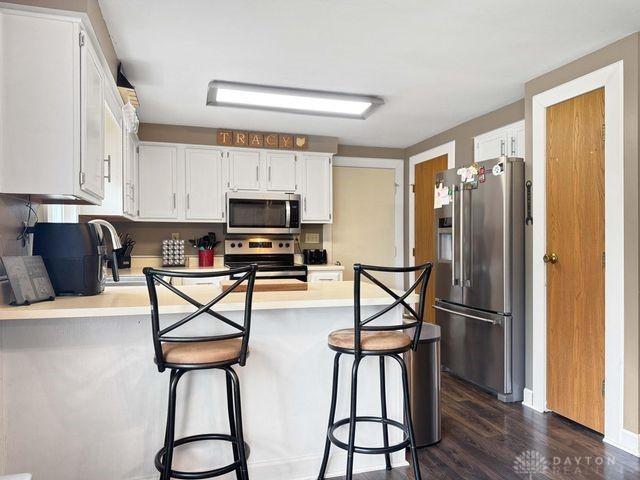 1277 Yocom Rd, Cable, OH 43009 - kitchen featuring stainless steel appliances, a peninsula, dark wood-style flooring, light countertops, and white cabinets