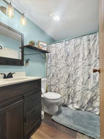 1277 Yocom Rd, Cable, OH 43009 - full bath featuring vanity, wood finished floors, toilet, lofted ceiling, and curtained shower