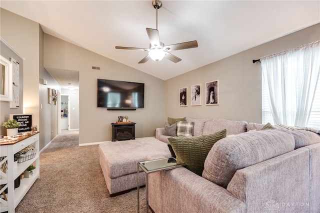 866 Trenton Rd, Trenton, OH 45067 - living room with light colored carpet, vaulted ceiling, ceiling fan, and baseboards