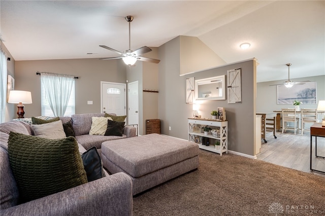 866 Trenton Rd, Trenton, OH 45067 - carpeted living room featuring a ceiling fan, vaulted ceiling, and baseboards