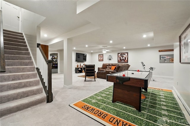 9777 Winding Creek Blvd, Clearcreek Twp, OH 45458 - rec room featuring baseboards, recessed lighting, carpet flooring, and ceiling fan